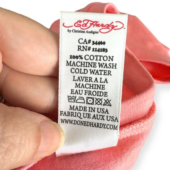 Ed Hardy Peach Pink Short Sleeve V Neck Airbrushed Y2K Night Shirt Women's S - Picture 10 of 11